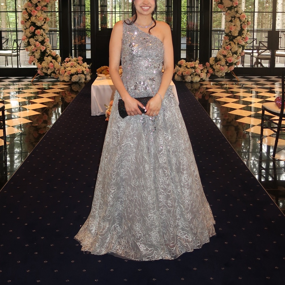 Mac Duggal One Shoulder Silver Sequin Beaded Gown